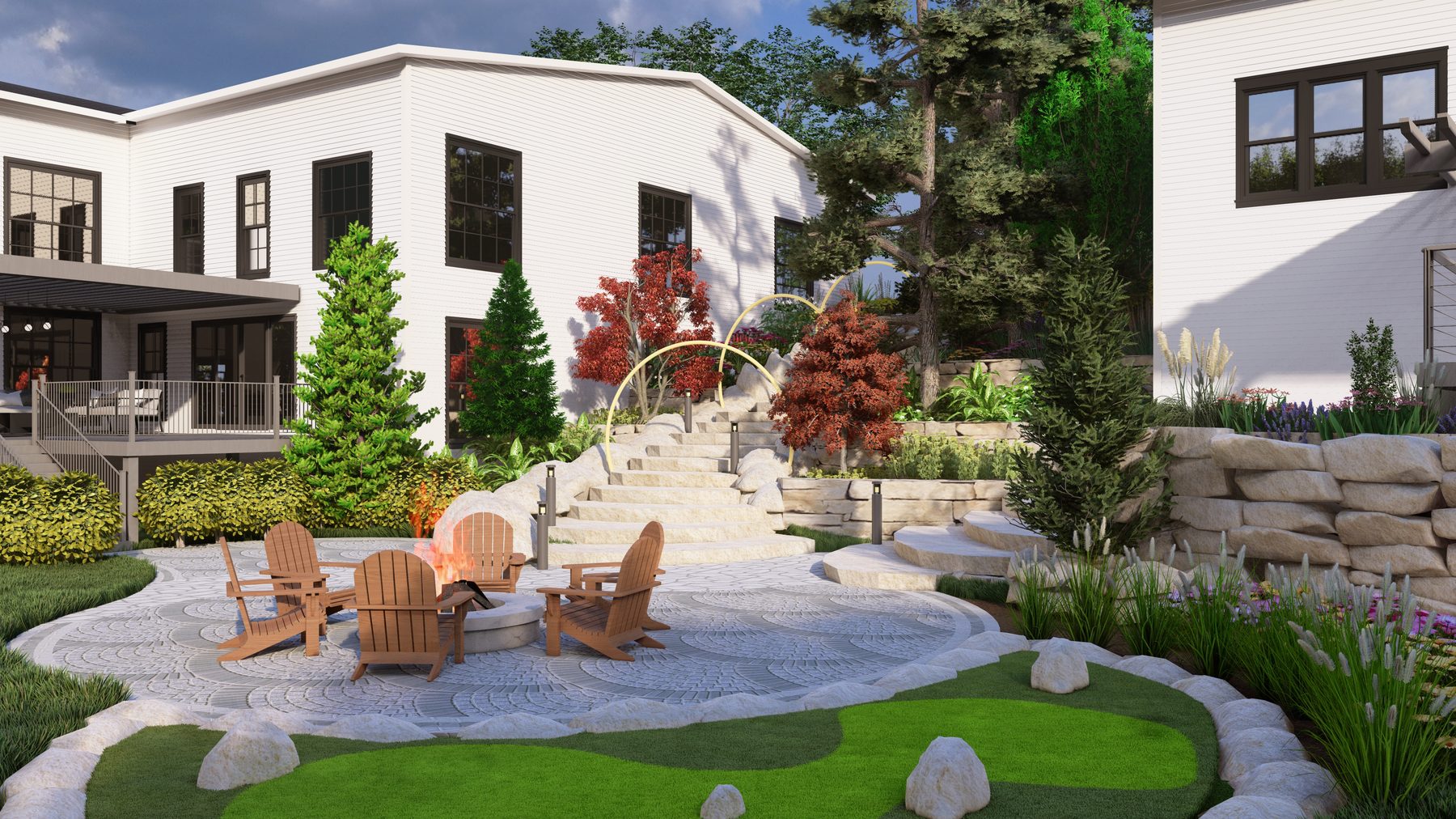 Paver patio with a fire pit seating circle, stone steps and artificial turf lawn designed by Topo d'Oro Landscape Design