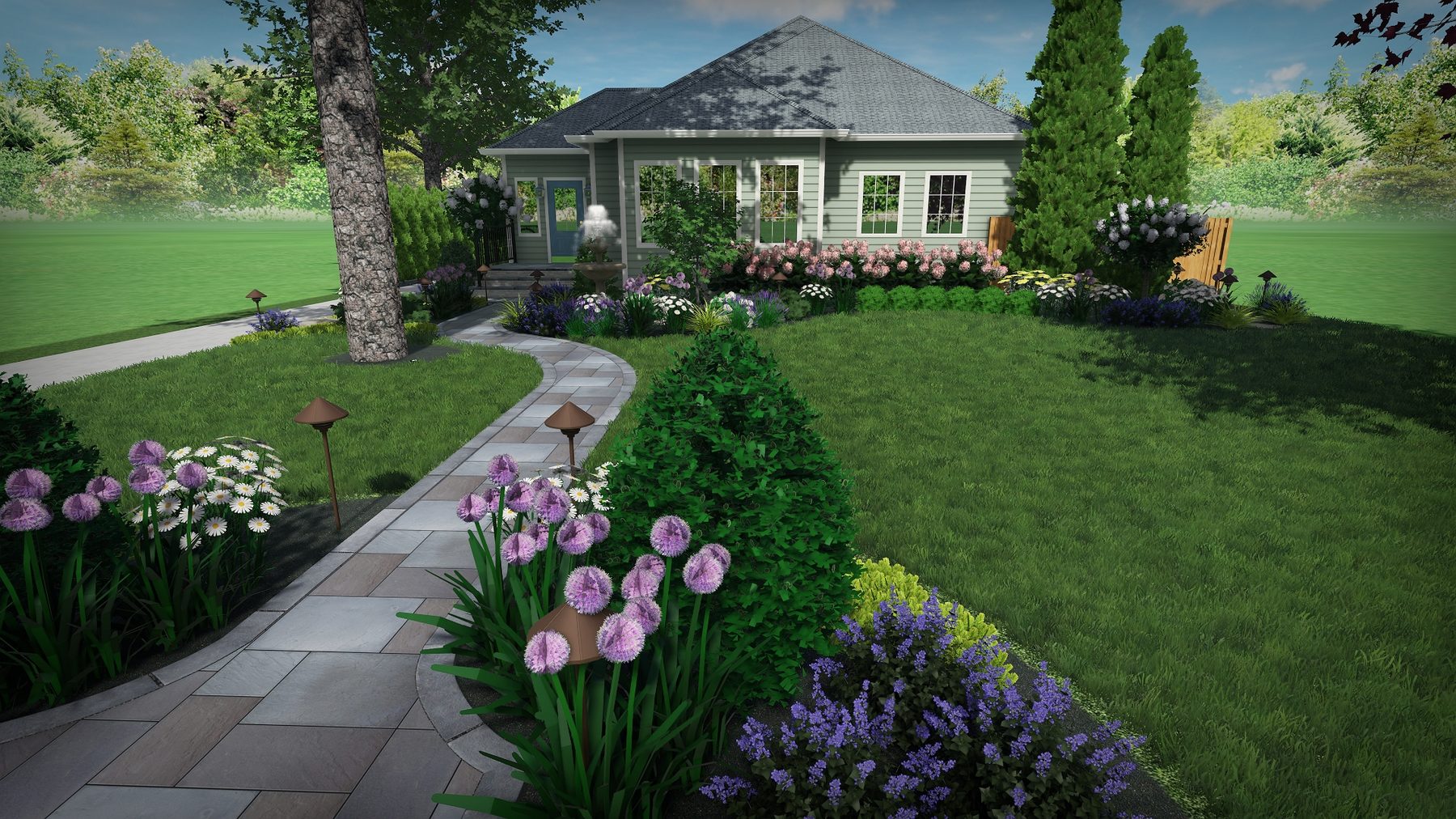 Front yard garden design with a flagstone walkway, layered perennial beds and low-voltage path lighting by Topo d'Oro Landscape Design