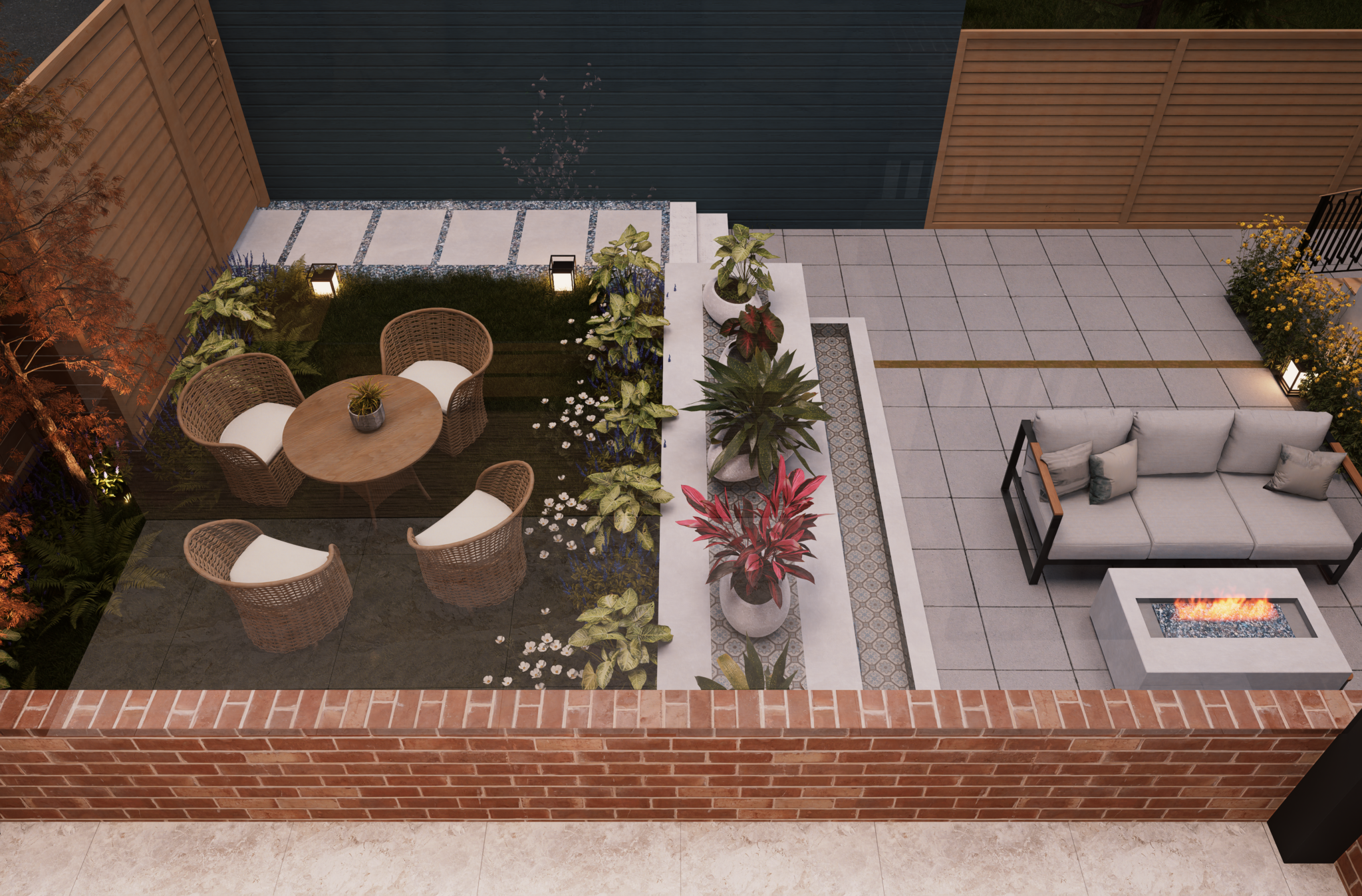 Courtyard with fire table and dining terrace by Topo d'Oro Landscape Design