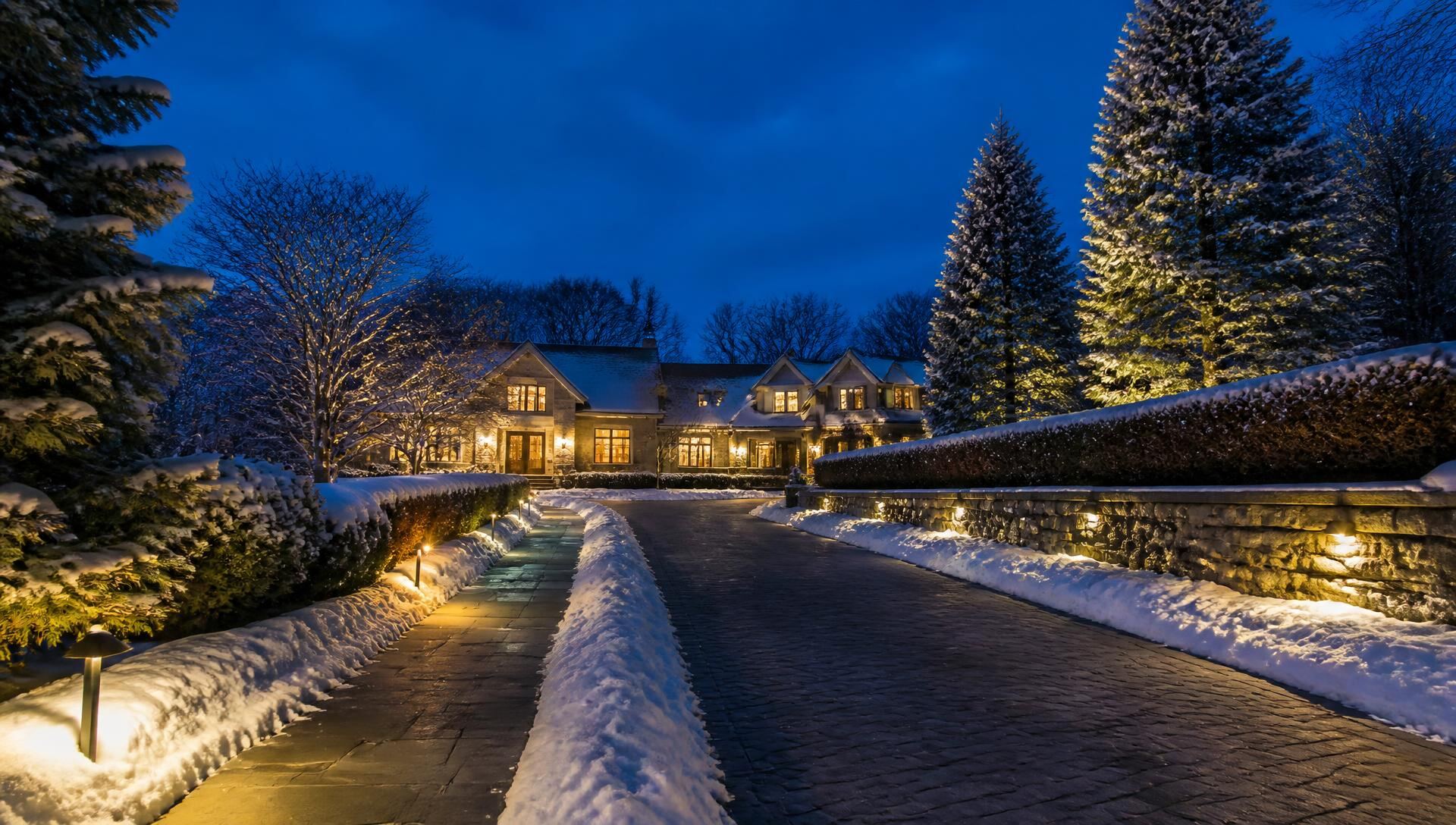 A cleared bluestone walkway and driveway after a winter snowfall, lit by low-voltage landscape lighting at dusk